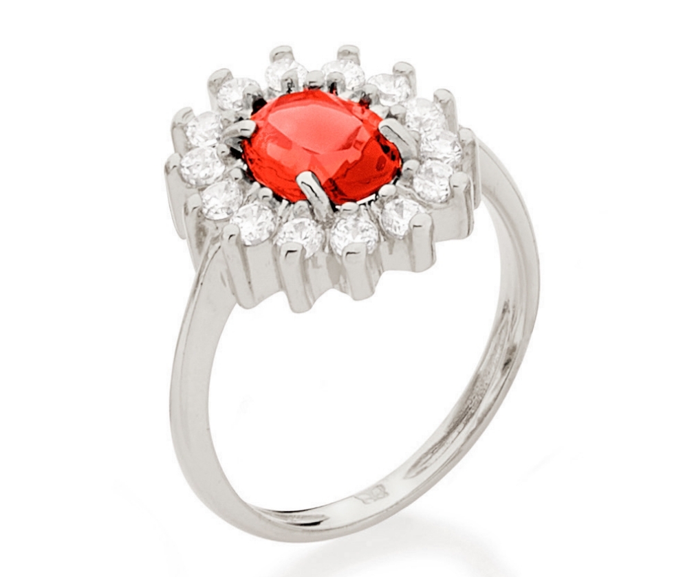 Anel banhado a rhodium com cristal e zircônias Branco com vermelho - Rommanel