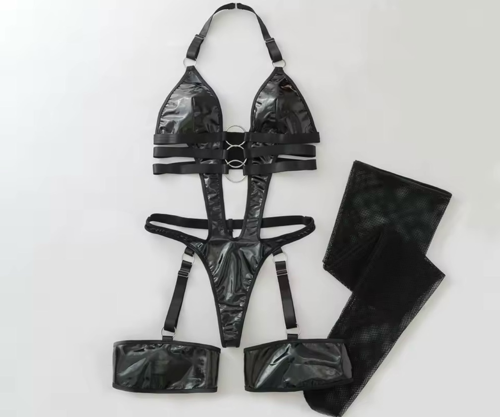 MIDNIGHT CONTROL WET LOOK HARNESS BODYSUIT SET