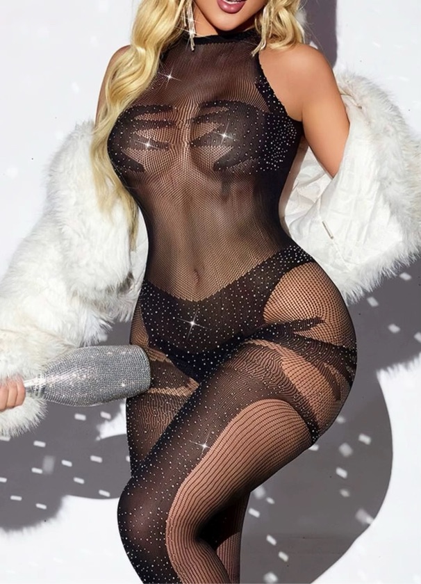 MIDNIGHT AFFAIR BLING BLING SHEER Halter Catsuit