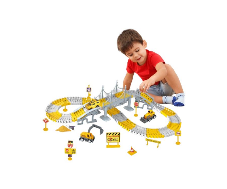 Pista de Carritos Flexible con Puente y Maquinaria de Construcción 180 Piezas