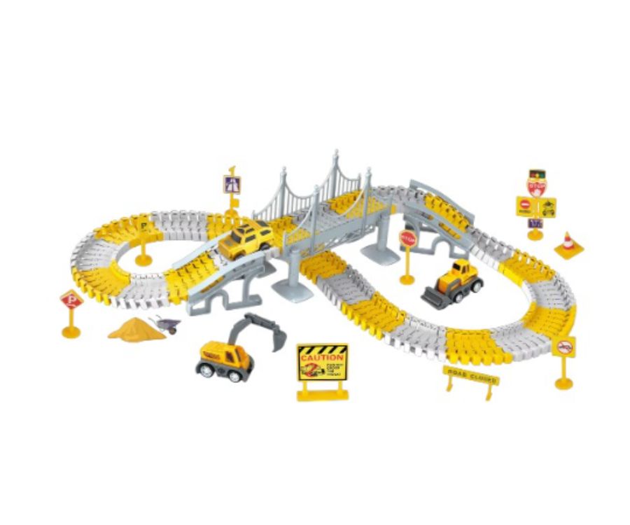 Pista de Carritos Flexible con Puente y Maquinaria de Construcción 180 Piezas