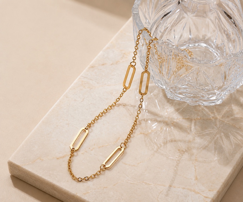 Colar Corrente Elos Longos Intercalados 45cm Banhado a Ouro 18k