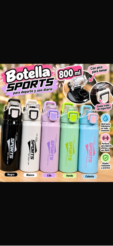 BOTELLA SPORTS – 800 ML 💦 ✨ Ideal para deporte, gimnasio, oficina y uso diario. 🔒 Doble traba de seguridad 💧 Pico para tomar, sin sorbete 🫧 Tapa transparente protectora 🎒 Práctica y fácil de llevar 💪 Diseño resistente y cómodo 🌈 Colores disponibles: 🖤 Negro 🤍 Blanco 💜 Lila 💚 Verde 🩵 Celeste 📦 Capacidad: 800 ml